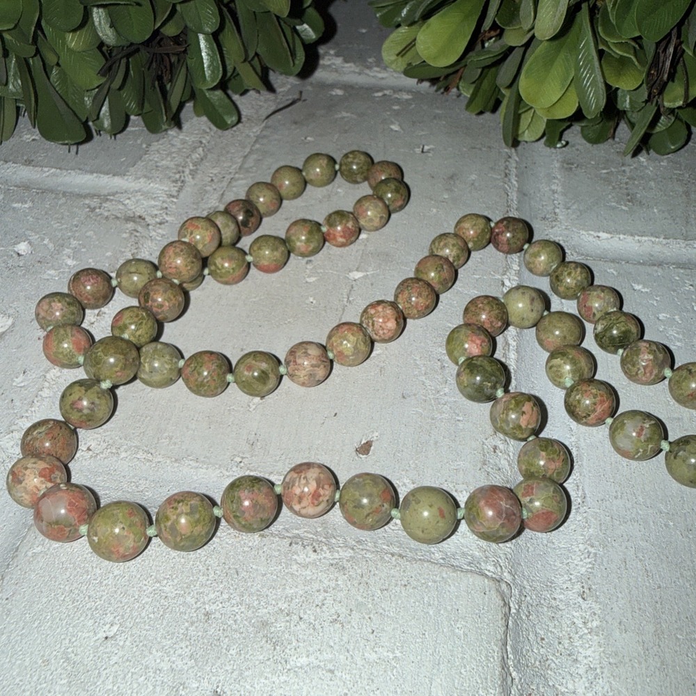 Unakite Jasper Necklace Smooth Round Beaded natural genuine Beads‎ Strand 29"
